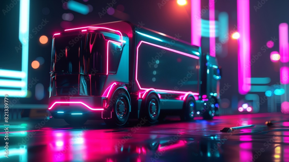 Futuristic neon-lit autonomous truck on wet street in cyberpunk cityscape at night, showcasing advanced technology and urban vibes.