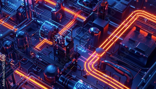 Futuristic neon lit circuit board representing advanced technology and innovation in an industrial setting.