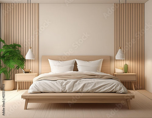 clean and contemporary wooden bed dressed in crisp white bedclothes against