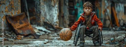 Young boy on wheelchair practicing basketball,generative ai