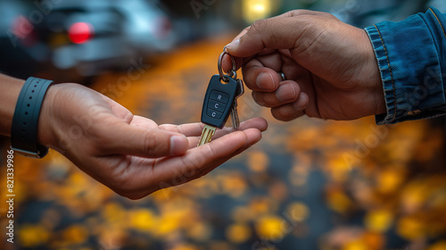 A person handing over car keys to another, focusing on the hands and key chain with an outoffocus background of autumn leaves in shades of orange and yellow