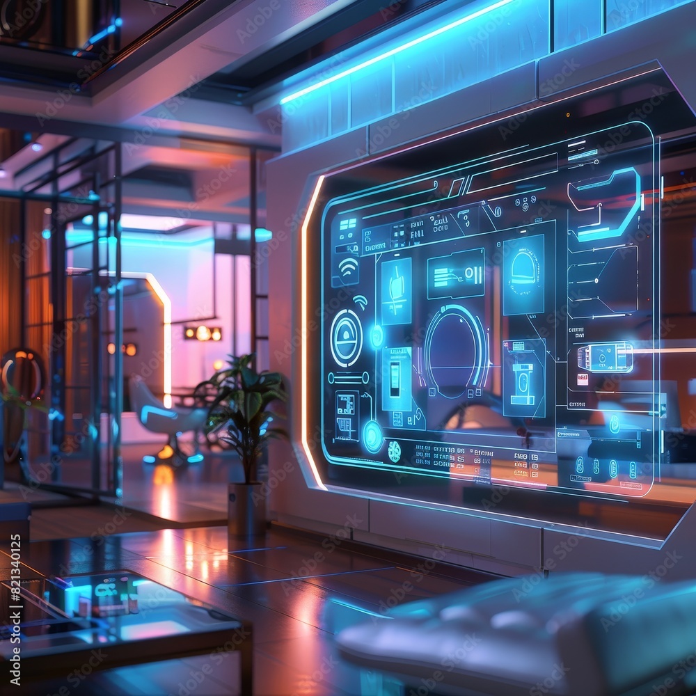 Futuristic room with a high-tech interface on a large screen, neon lighting, modern decor, and sleek design elements for advanced living. Futuristic room with a high-tech interface on a large screen, neon lighting, modern decor, and sleek design elements for advanced living.