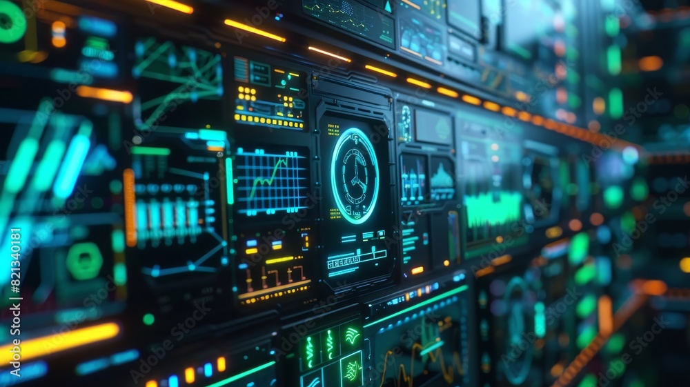 Futuristic server room with glowing digital interfaces showcasing data analytics and network activities in vibrant hues. Futuristic server room with glowing digital interfaces showcasing data analytics and network activities in vibrant hues.
