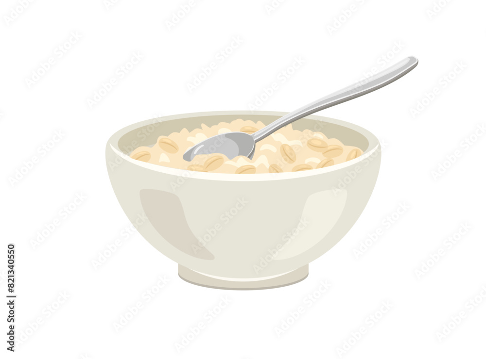 Oatmeal porridge in white bowl with spoon. Vector cartoon flat illustration of healthy food. Oatmeal porridge in white bowl with spoon. Vector cartoon flat illustration of healthy food.