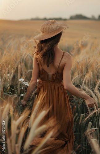 Woman Walking Through Field With Bouquet of Flowers