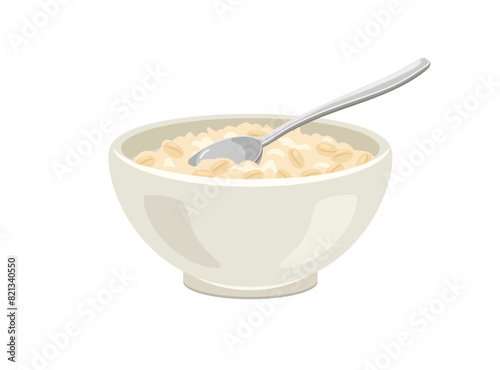Oatmeal porridge in white bowl with spoon. Vector cartoon flat illustration of healthy food.