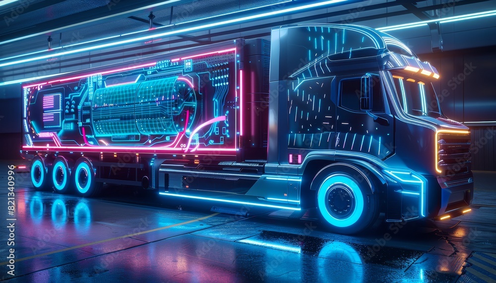 Futuristic truck in neon lights, showcasing advanced technology and innovative transportation design in a modern, high-tech setting. Futuristic truck in neon lights, showcasing advanced technology and innovative transportation design in a modern, high-tech setting.