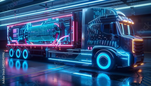Futuristic truck in neon lights, showcasing advanced technology and innovative transportation design in a modern, high-tech setting. photo