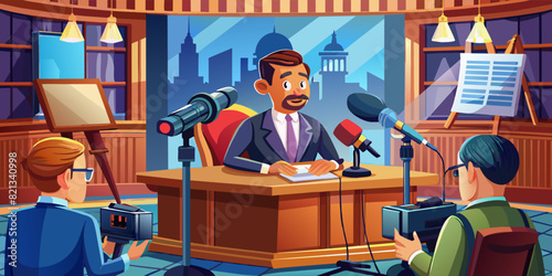 The presenter speaks to the audience in the studio. Vector illustration © Dmitriy