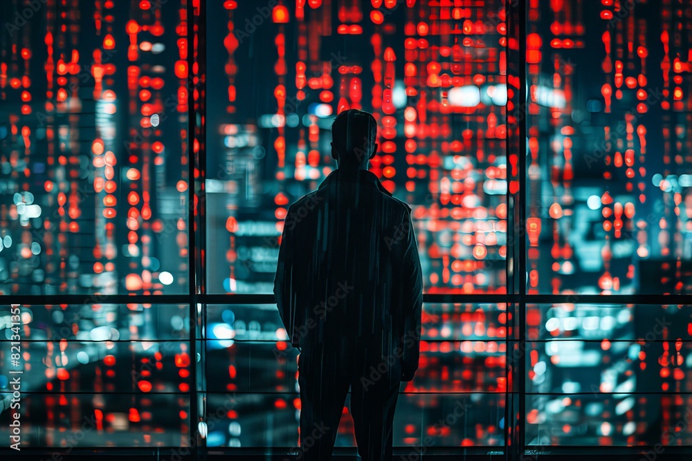 Silhouette of Person in Front of Digital Cityscape Silhouette of Person in Front of Digital Cityscape