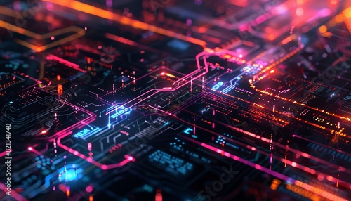 High-tech circuit board with glowing pathways  showcasing intricate electronic components and futuristic technology.