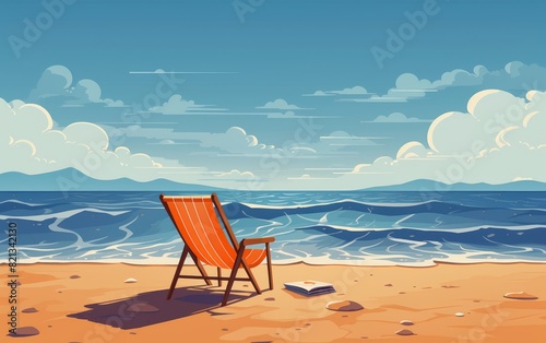 Illustration of a tranquil beach scene with an empty chair  open book  and gentle waves under a serene sky.