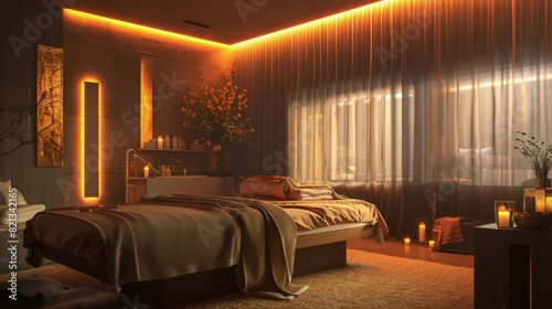 Neatly Made Bed and Nightstand in Bedroom © olegganko
