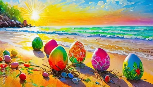 At the break of dawn, a secluded beach becomes a canvas for a splendid display. Easter eggs, each a masterpiece of design, are scattered with precision along the waterline. AI generated photo