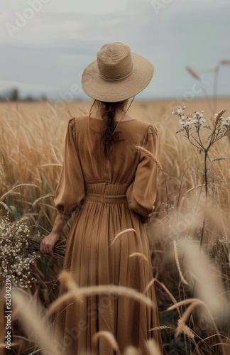 Woman Standing in Tall Grass Field