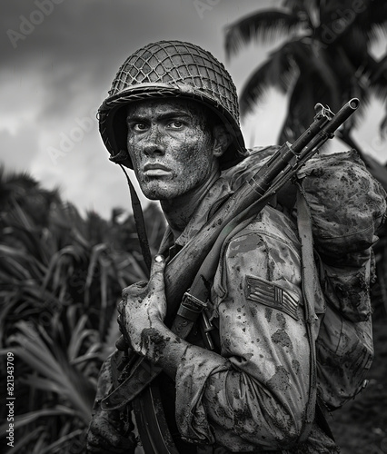 An angry-looking U.S. Marine is hugging a rifle and looking past the camera.