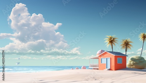 Scenic beach landscape with a vibrant orange beach hut  palm trees  blue sky  and serene ocean. Perfect tropical vacation destination.