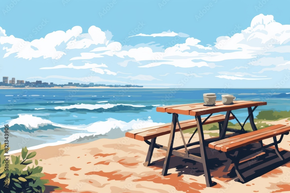 Fototapeta premium Scenic coastal picnic spot with wooden tables overlooking a sandy beach and blue ocean waves under a bright sky with clouds.