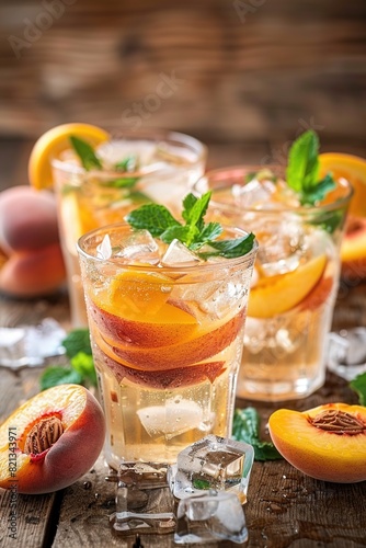 Peach cocktail with ice cubes and mint leaves in glasses on a rustic wooden table