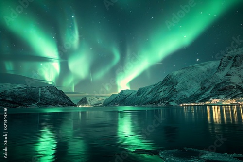 Aurora Borealis over Icy Fjord at Night