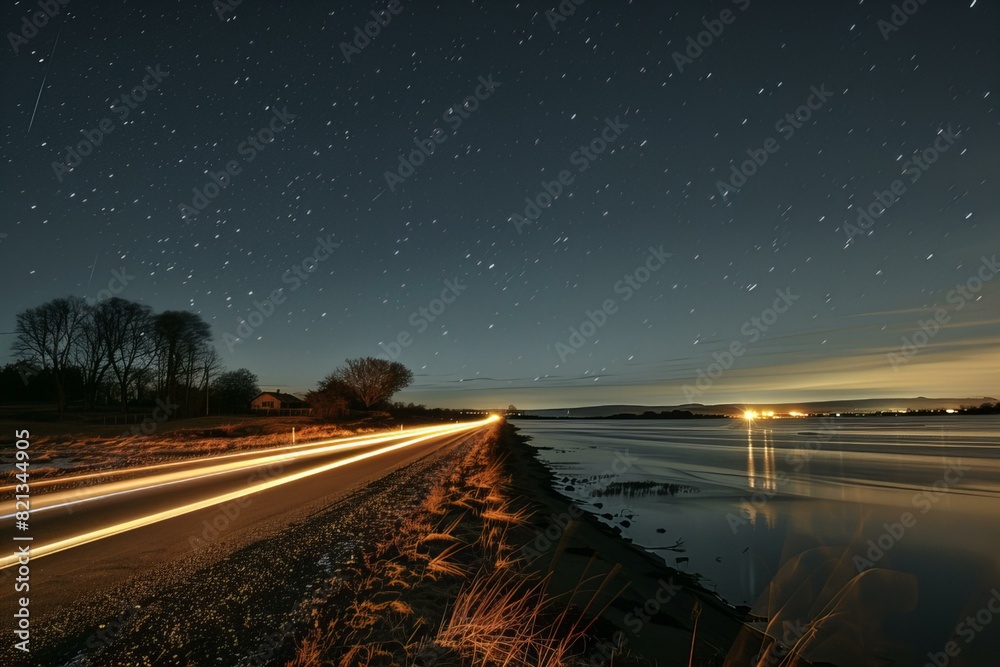 Nighttime Road by the River with Starry Sky Nighttime Road by the River with Starry Sky