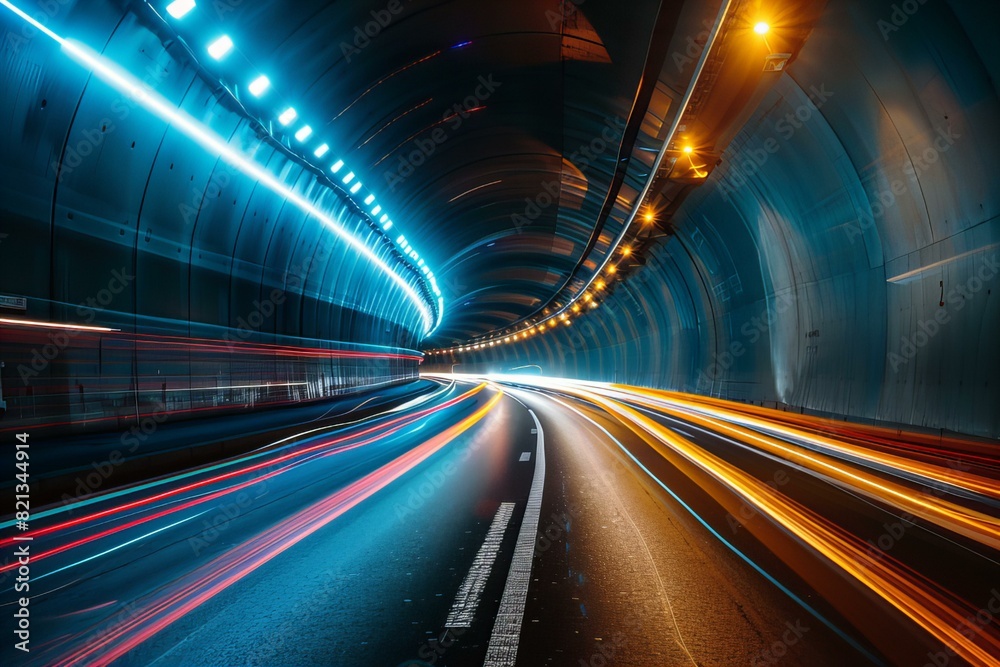 Tunnel with Light Trails at Night Tunnel with Light Trails at Night