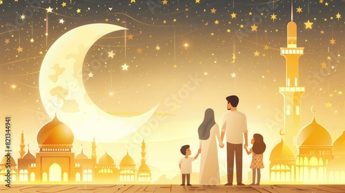 Family group stands in front of mosque illuminated at night