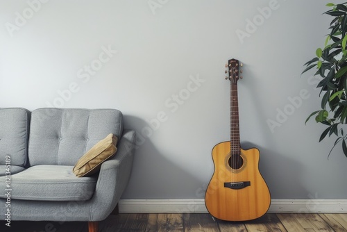 Cozy Living Room With Couch and Guitar