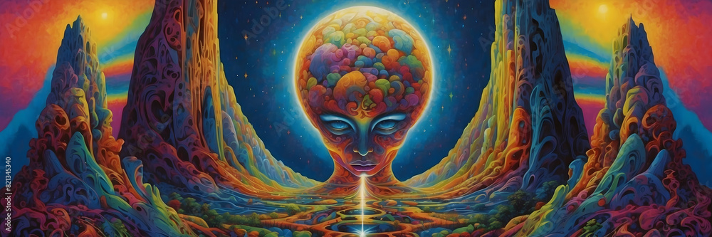 A surreal landscape with a human head silhouette filled with celestial elements evoking themes of consciousness and cosmic existence A surreal landscape with a human head silhouette filled with celestial elements evoking themes of consciousness and cosmic existence
