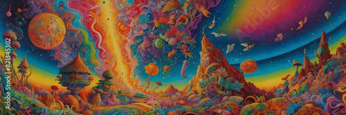 A colorful  surreal landscape depicting a fantasy world with swirling skies  vibrant terrain  and celestial bodies overhead