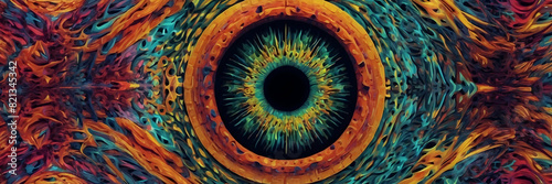 This image depicts an intensely detailed iris against a backdrop simulating a fiery texture, representing perception and the human eye #821345342