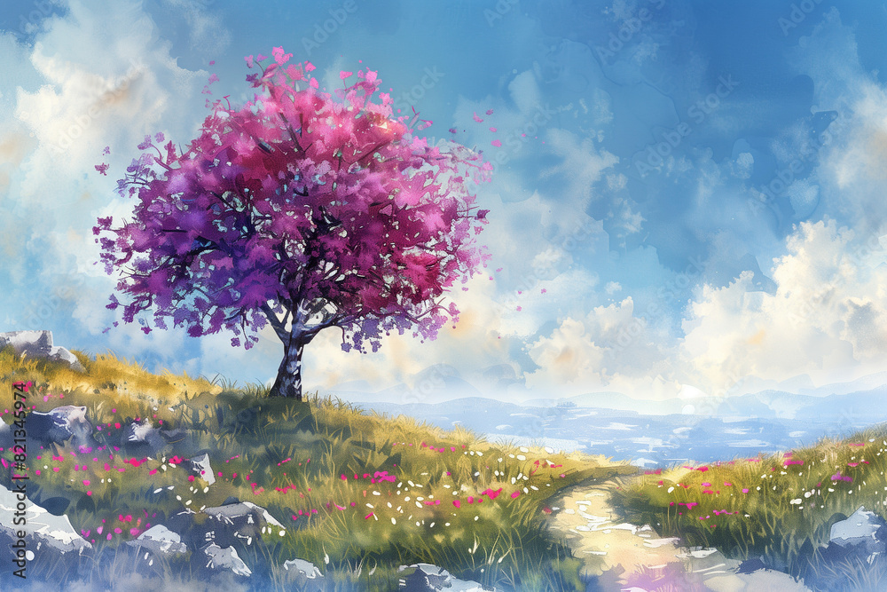 Vibrant cherry blossom tree on a scenic hillside. Vibrant cherry blossom tree on a scenic hillside.
