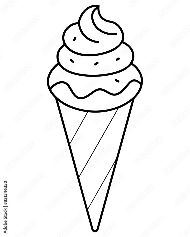 Outline drawing of an ice cream cone, on a white background, ready for coloring Outline drawing of an ice cream cone, on a white background, ready for coloring