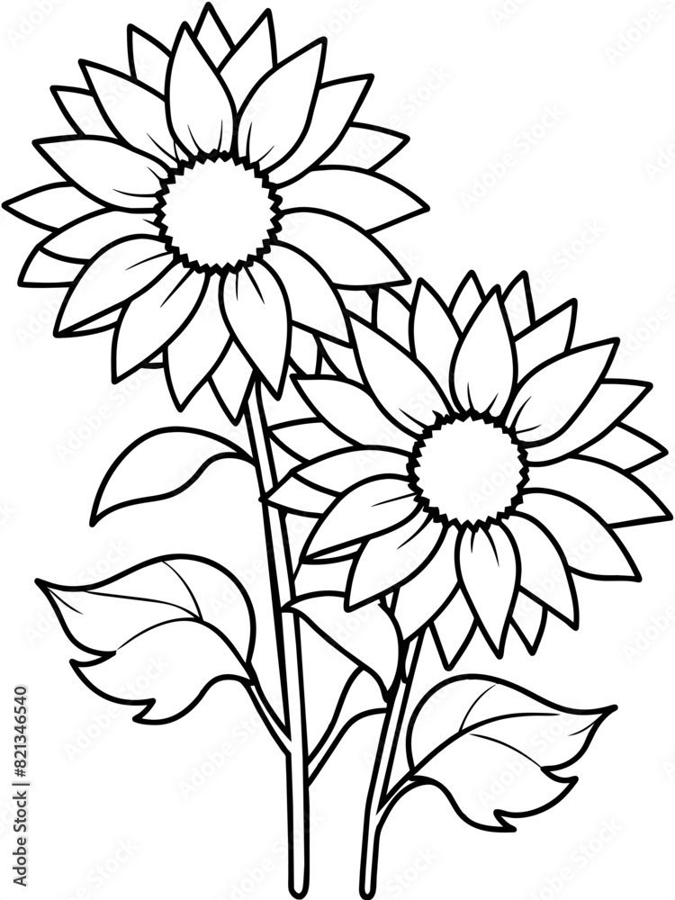 Outline drawing of two sunflowers, on a white background, ready for coloring
