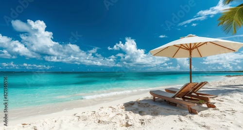 Two Lounge Chairs Under an Umbrella on a Beach © olegganko