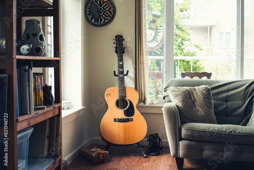 Cozy Living Room With Couch and Guitar