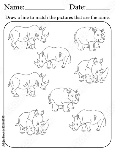 Rhino Puzzle. Printable Activity Page for Kids. Educational Resources for School for Kids. Kids Activity Worksheet. Match Similar Shapes