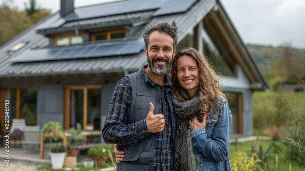 Naklejka premium Modern German house with black solar panels on the roof. generative ai