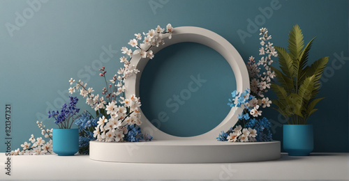 Podium background 3D product platform display white flowers stage pedestal. Light blue background 3D podium stand scene studio.