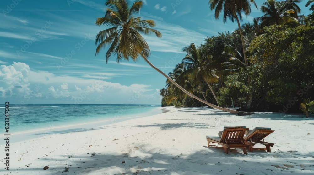 Fototapeta premium Beach With Two Lounge Chairs and Palm Tree