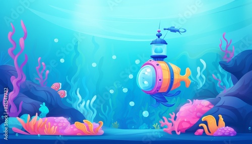 Vibrant underwater scene with colorful submarine  fish  and coral in clear blue ocean. Captivating marine life illustration.