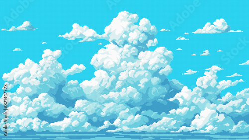 Pixel art sky background, clouds, blue sky, 8 bit game level, vector