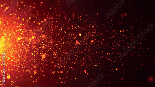 Dynamic wave of glowing fire particles flying horizontally. Sparkling bright particles fly in space. Flickering particles. 3D vector illustration
