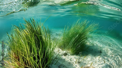  A stunning image of submerged grass swaying beneath clear water  accompanied by a surfboard floating in the background