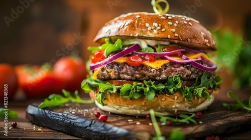 Delicious cheese and hamburger pictures with lettuce, bacon, tomato, and pickles. A close-up image of a freshly assembled hamburger with vegetables. photo