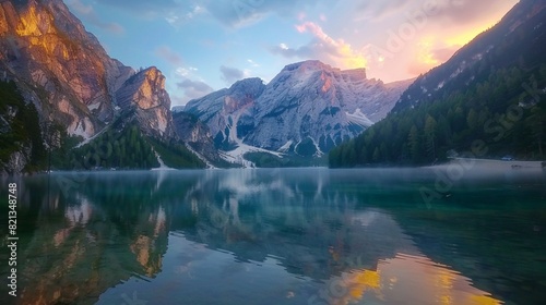 Great view of the mighty rock above peaceful alpine lake Braies. National park Fanes-Sennes-Braies  Italy  Europe.