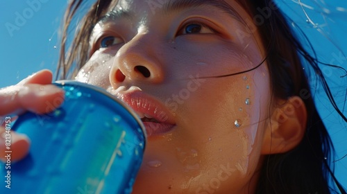 A woman is drinking from a blue can of water
