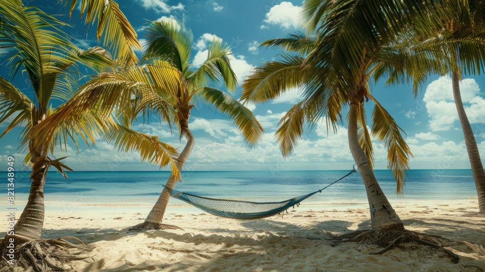 Fototapeta premium Serenity at Seaside Relaxing hammock on tropical beach with palm trees and blue sky, ideal for travel and relaxation