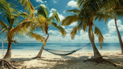 Serenity at Seaside Relaxing hammock on tropical beach with palm trees and blue sky, ideal for travel and relaxation © SHOTPRIME STUDIO