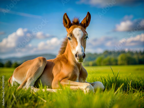 Foal is lying in the green grass. Portrait of a thoroughbred colt.  Sunny summer day. Homemade animal. The beautiful newborn horse. Outdoor. Sports horse
